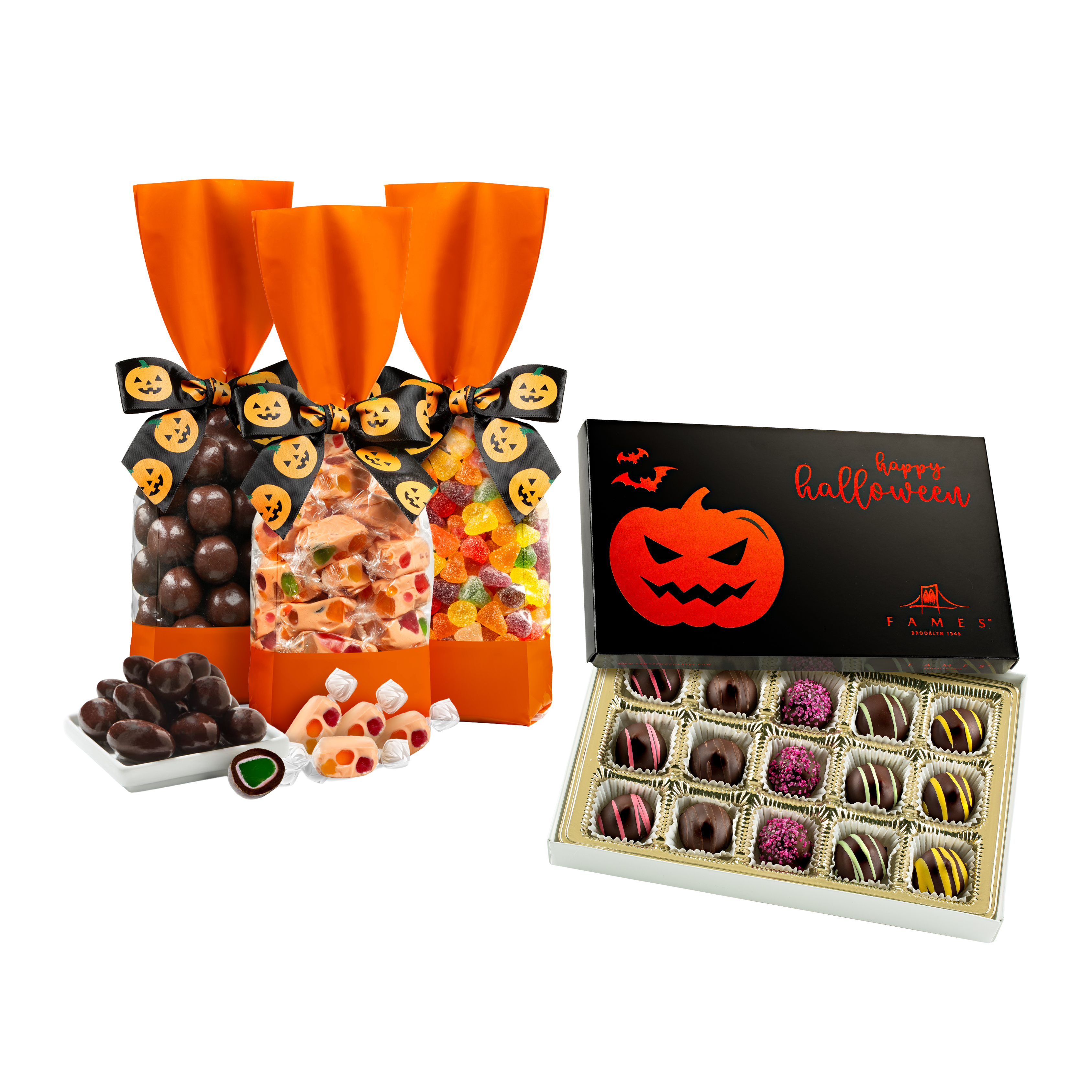 Halloween Gift Bundle: Premium Vegan Chocolate Truffles, Sour Jellies, and Orange Juju Candy