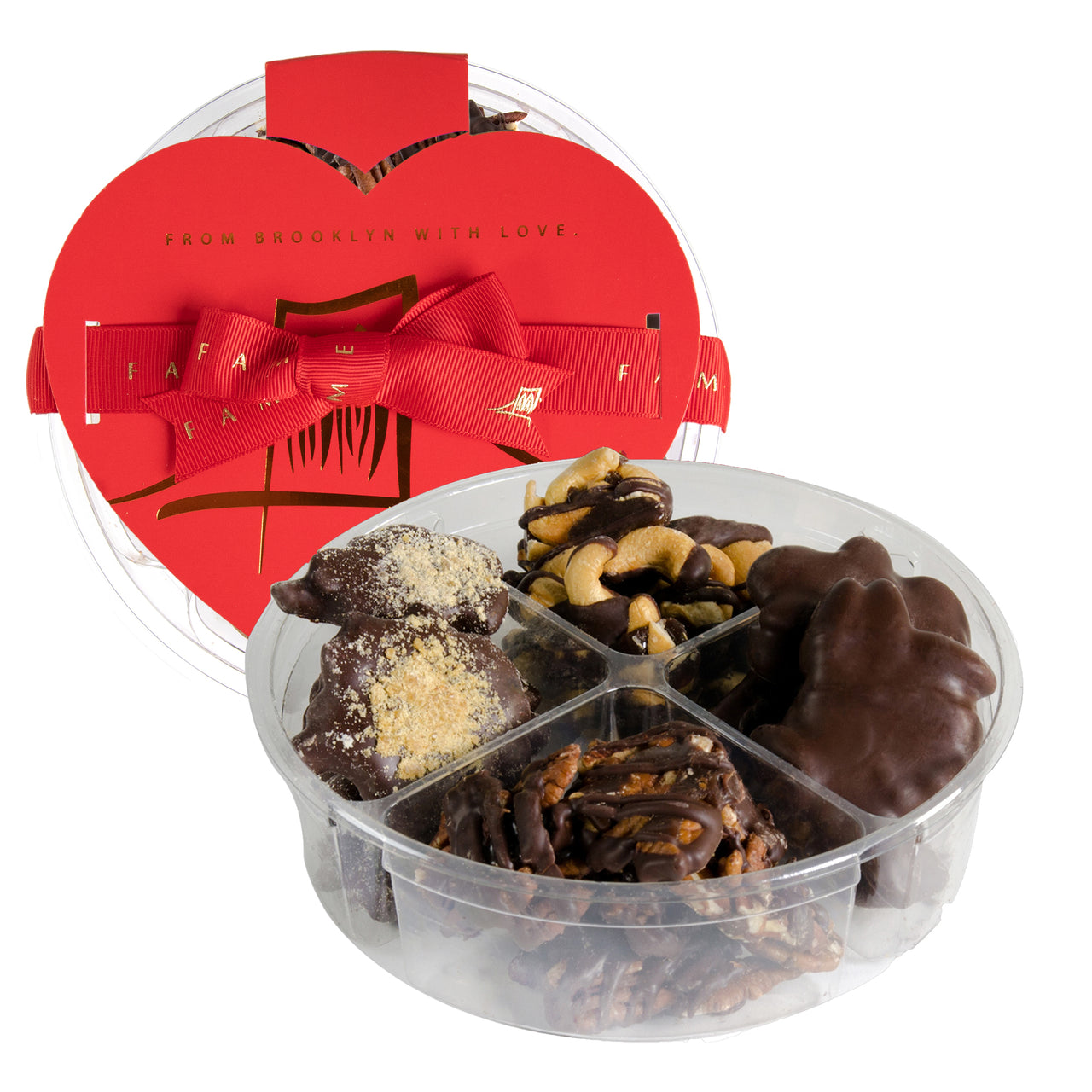 Gourmet Chocolate Nut Cluster Gift Tray, Brooklyn Crafted Caramel Drizzled Pecan, Roasted Almond, Brittle & Chocolate Cashew Patties for Valentine's Day  Fames Chocolate   